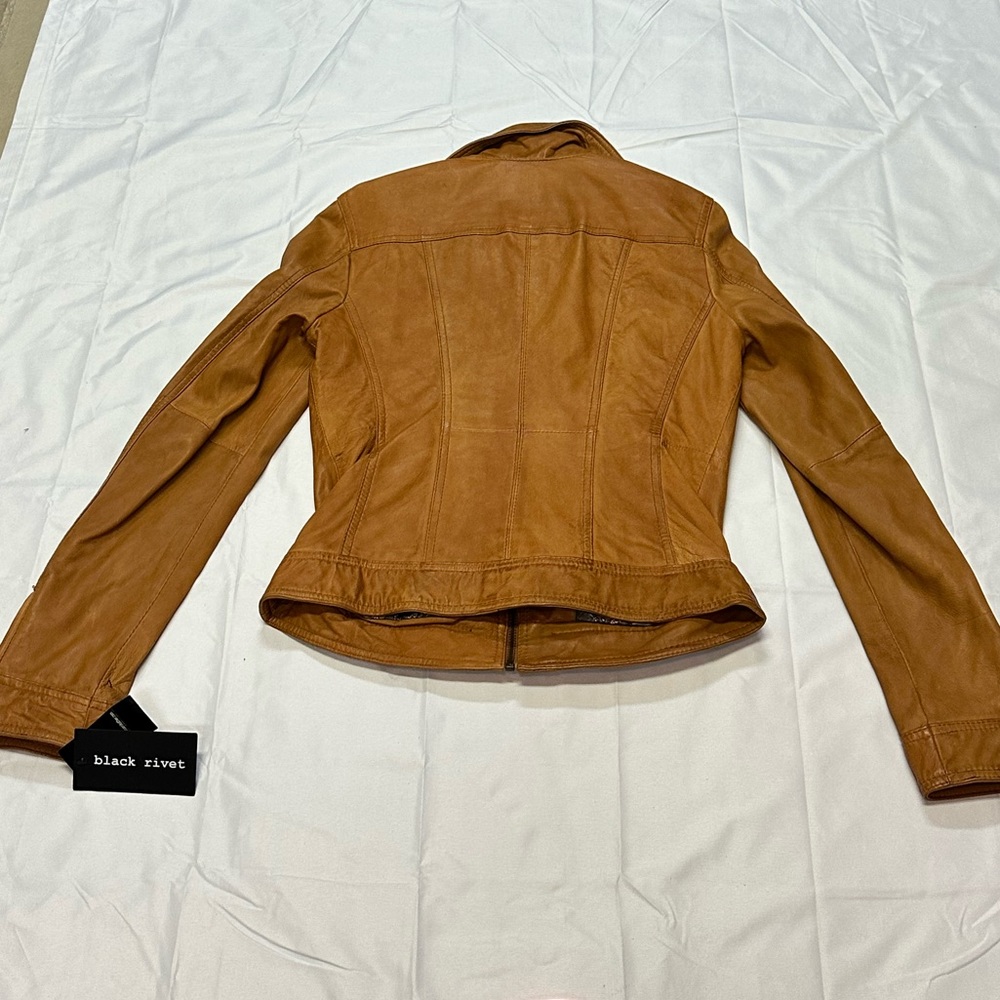 Black Rivet Cognac Tailored Leather Jacket | Pockets | Collar Ladies Size M NWT - Picture 6 of 15